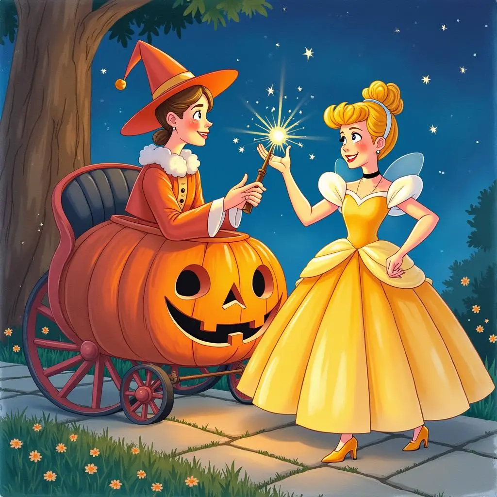 Cinderella's magical pumpkin carriage with horses ready to take her to the ball
