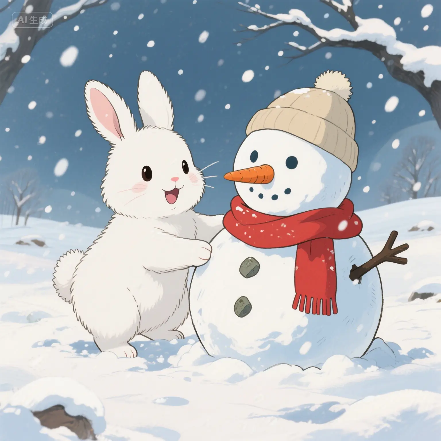 小兔堆雪孩子
