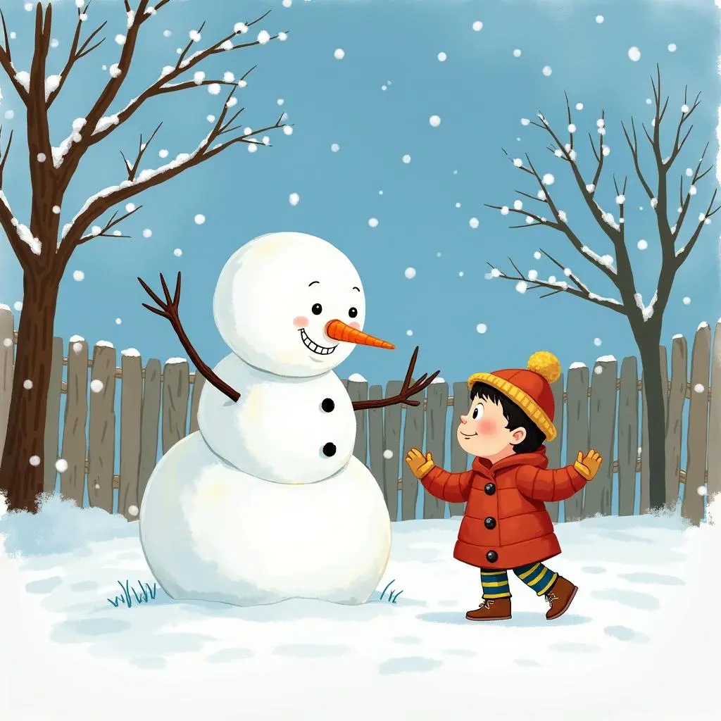 雪人和孩子们在雪地里交谈